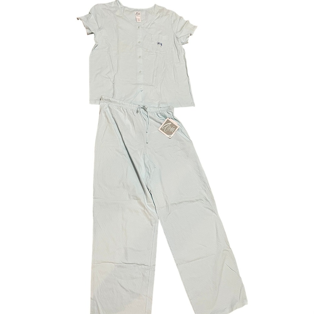 Aria Women M Blue Cotton Pointelle Capri Pajama 2pc Floral Cottagecore NWT